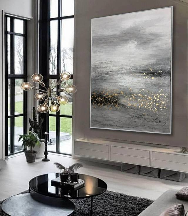 White Handmade Gold Painting Black Abstract Canvas Wall Art N7SHO